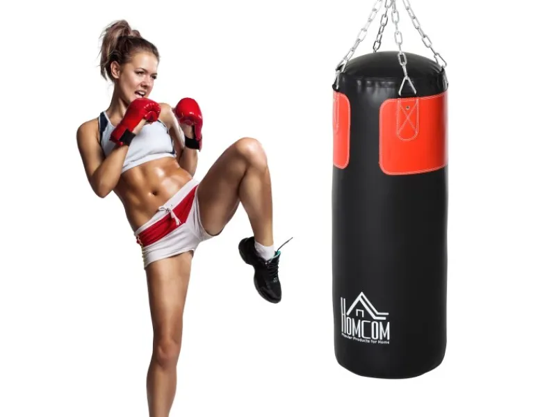 HOMCOM Fitnessgeräte|Boxset mit Boxhandschuhen Gefüllt Set PVC EPE Stahl Schwarz Ø30 x H120 cm
