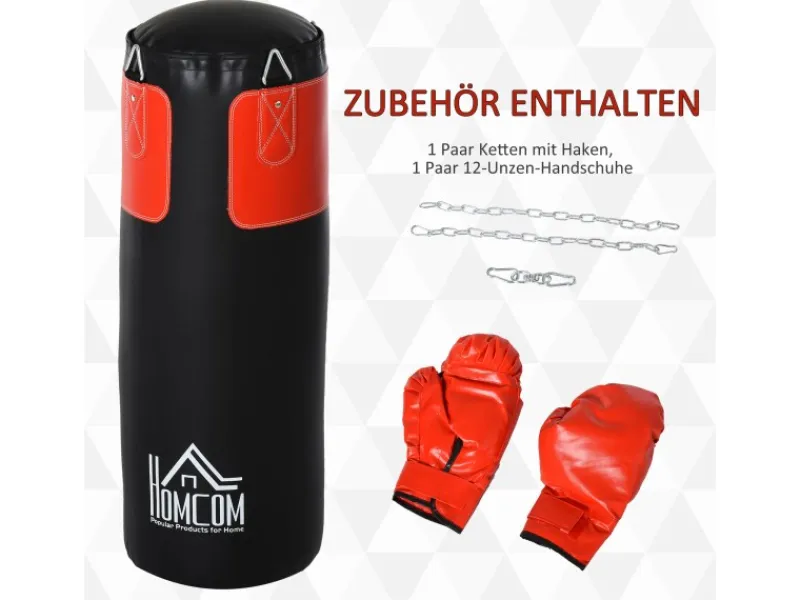 HOMCOM Fitnessgeräte|Boxset mit Boxhandschuhen Gefüllt Set PVC EPE Stahl Schwarz Ø30 x H120 cm