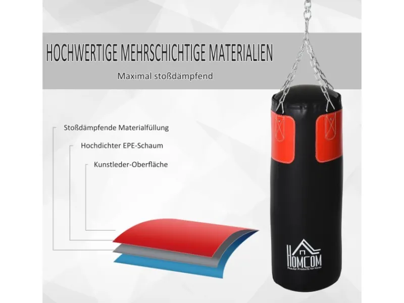 HOMCOM Fitnessgeräte|Boxset mit Boxhandschuhen Gefüllt Set PVC EPE Stahl Schwarz Ø30 x H120 cm