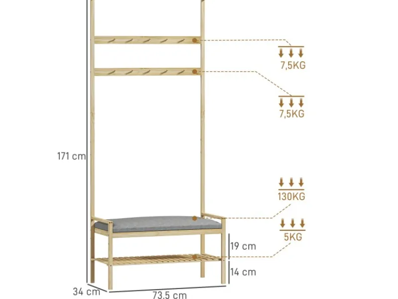 HOMCOM Sitzkissen|Garderobe mit Schuhbank Bambus Naturholz 73,5L x 34B x 171H cm