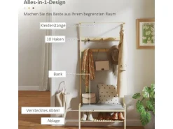 HOMCOM Sitzkissen|Garderobe mit Schuhbank Bambus Naturholz 73,5L x 34B x 171H cm