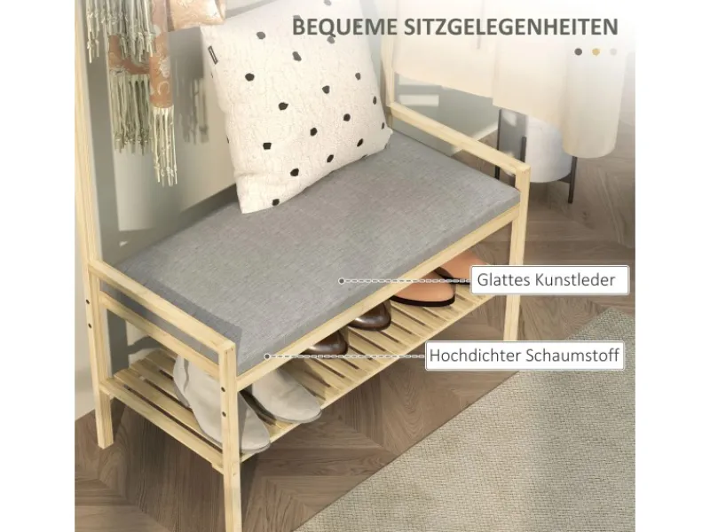 HOMCOM Sitzkissen|Garderobe mit Schuhbank Bambus Naturholz 73,5L x 34B x 171H cm
