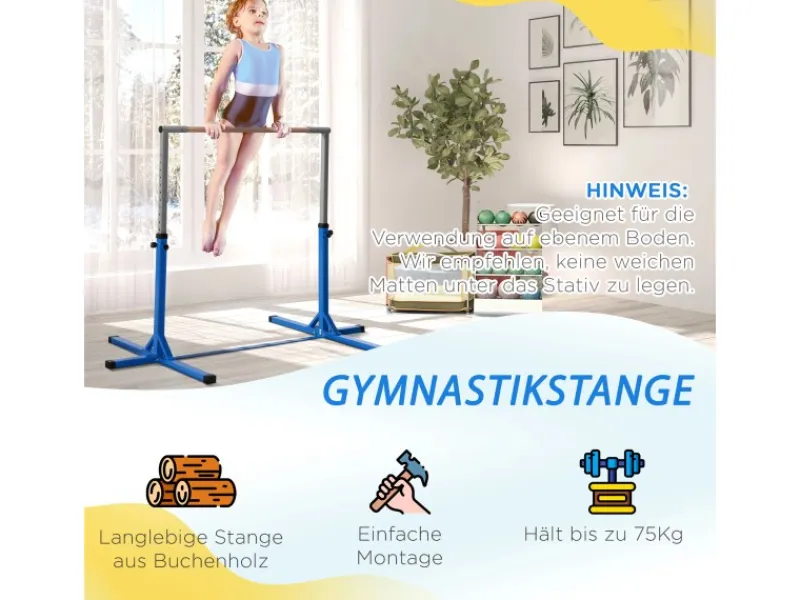 HOMCOM Fitnessgeräte|Gymnastik Turnreck 13-Stufige Höhenverstellbar Stahl Buchenholz Blau
