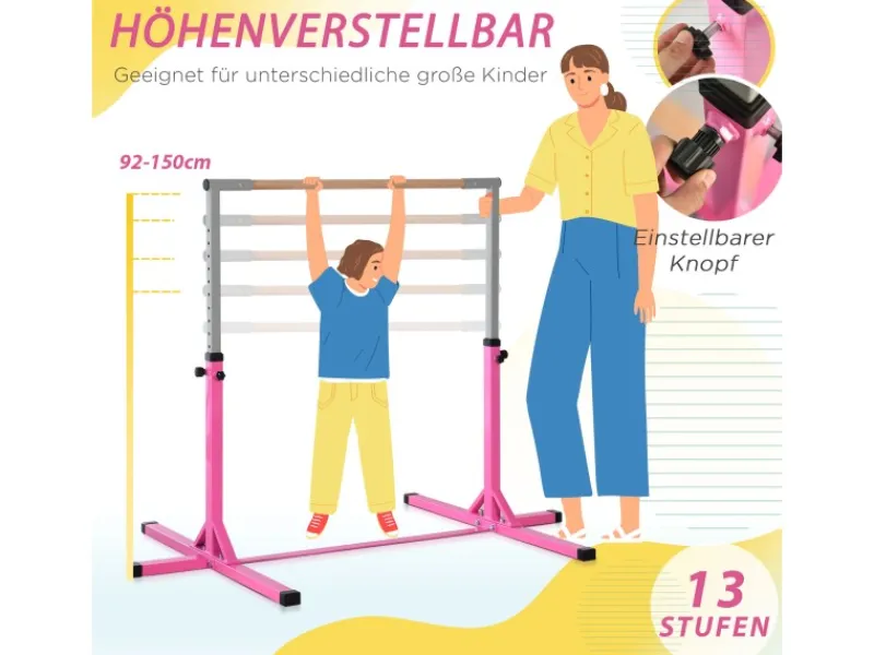 Gymnastik-Turnreck Stahl Buchenholz Rosa 194B x 121T x 92-150H cm*HOMCOM