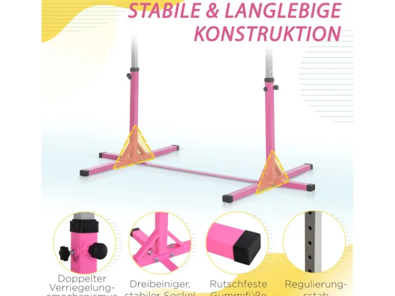 Gymnastik-Turnreck Stahl Buchenholz Rosa 194B x 121T x 92-150H cm*HOMCOM