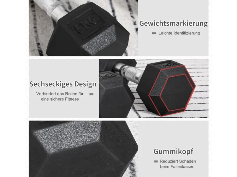Hexagon Gummi-Hantel Griff Gerändelt Gewichte Metall Gummi Schwarz 2x5Kg*HOMCOM Online