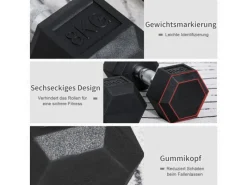 HOMCOM Fitnessgeräte|Hexagon Gummi-Hantel Griff Gerändelt Gewichte Metall Gummi Schwarz 2x8Kg