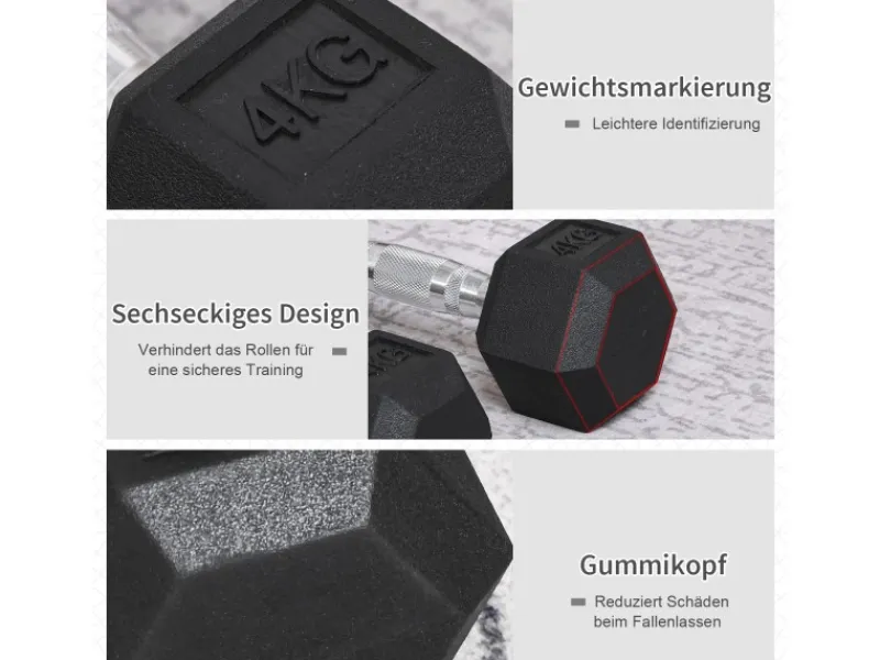 Hexagon Kurzhantel Griff Gerändelt Gewichte Metall Gummi Schwarz 2 x 4 KG*HOMCOM Discount