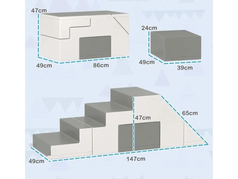 HOMCOM Gartenspielgeräte|Kinder-Softplay-Set Kunstleder Schaumstoff Grau 147L x 49B x 47H cm