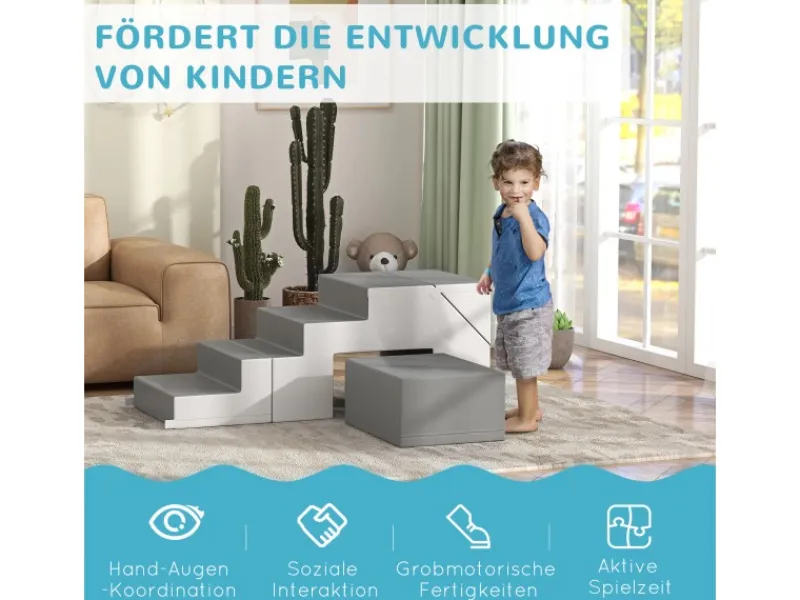 HOMCOM Gartenspielgeräte|Kinder-Softplay-Set Kunstleder Schaumstoff Grau 147L x 49B x 47H cm