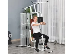 HOMCOM Fitnessgeräte|Kraftstation mit Stahlnetz Latzug Metall Kunstleder Weiß 150x110x210cm
