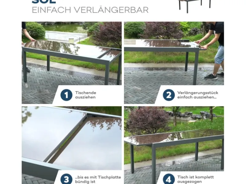 Gartentisch Sol Ausziehbar Glas Hellgrau 75 cm x 240 cm/180 cm x 90*Home Deluxe Clearance