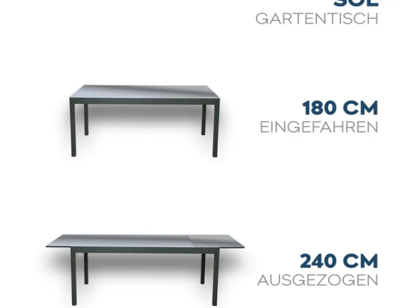 Gartentisch Sol Ausziehbar Glas Hellgrau 75 cm x 240 cm/180 cm x 90*Home Deluxe Clearance