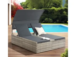 Juskys Sonnenliegen|Doppelsonnenliege Syros mit Dach Grau Meliert