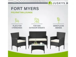 Juskys Gartenmöbel-Sets|Lounge-Gartenmöbel|Polyrattan Gartenmöbel Sitzgruppe Fort Myers Schwarz und Cremeweiße Bezüge