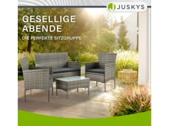 Juskys Balkonmöbel|Polyrattan Gartenmöbel Sitzgruppe Fort Myers Grau Meliert und Dunkelgraue Bezüge