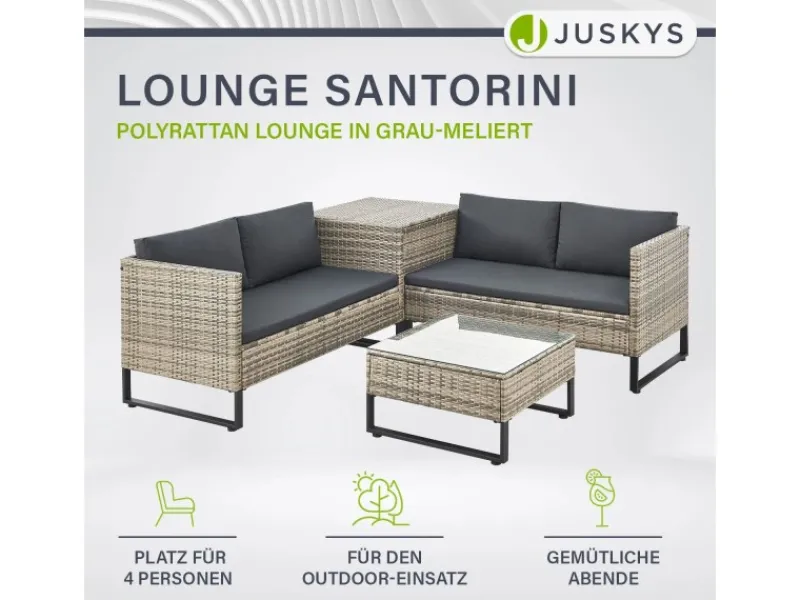 Juskys Lounge-Gartenmöbel|Auflagenboxen|Polyrattan Lounge Santorini Grau Meliert Grau