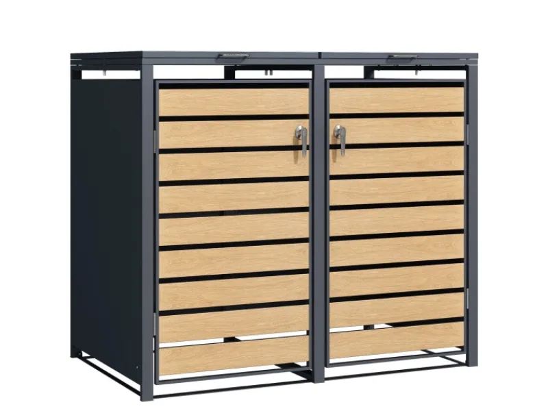 Mülltonnenbox Johan Edelstahlrahmen und Holzdekor 132 x 80 x 116 cm 2 Türen*Karat Outlet