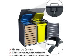 Mülltonnenbox Johan Edelstahlrahmen und Holzdekor 132 x 80 x 116 cm 2 Türen*Karat Outlet