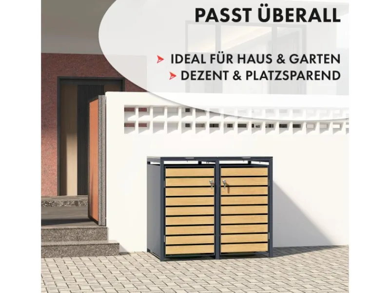Mülltonnenbox Johan Edelstahlrahmen und Holzdekor 132 x 80 x 116 cm 2 Türen*Karat Outlet