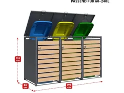 Mülltonnenbox Johan Edelstahlrahmen und Holzdekor 198,5 x 80 x 116 cm 3 Türen*Karat Outlet
