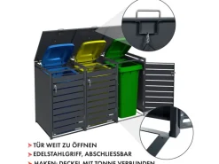 Karat Weitere Ordnungssysteme Für Den Garten|Mülltonnenboxen|Mülltonnenbox Magnus mit Edelstahlrahmen 198,5 x 80 x 116 cm 3 Türen