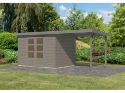 Kinder Karibu Kinder-Gartengeräte|Gartenhaus Ernesto 4 D m. Anbaudach /Grau 209 x 298 x 213 cm