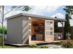 Kinder Karibu Kinder-Gartengeräte|Gartenhaus Ernesto 4 D m. Anbaudach /Grau 209 x 298 x 213 cm
