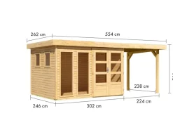 Kinder Karibu Kinder-Gartengeräte|Gartenhaus Maradi 5 m. Anbaudach Naturbelassen 211 x 298 x 242 cm