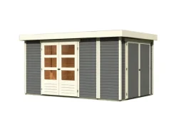 Kinder Karibu Kinder-Gartengeräte|Laubbläser|Gartenhaus Set Retola 6 Terragrau mit Anbauschrank 9,03 m²