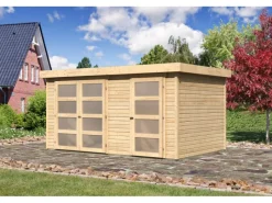 Karibu Gartenlauben|Holz-Gartenhaus Mühlenbach Natur Flachdach Unbehandelt 400 cm x 242 cm