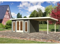 Holz-Gartenhaus Norrköping Terragrau Pultdach Lackiert 365 cm x 305 cm*Karibu