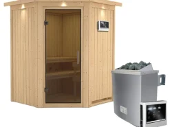 Karibu Outdoor Whirlpools|Sauna-Set Lyra inkl. Ofen 9 kW mit ext. Steuerung, Dachkranz, Tür Graphit