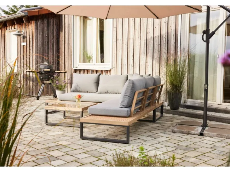 Sonnenliegen|Lounge-Gartenmöbel|Lounge-Set Calora 3-teilig aus Rattangeflecht und Aluminium Grau