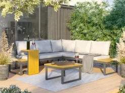 Sonnenliegen|Lounge-Gartenmöbel|Lounge-Set Lipson 3-teilig aus Akazienholz und Aluminium Grau