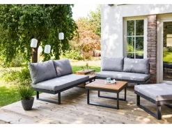Sonnenliegen|Lounge-Gartenmöbel|Lounge-Set Lipson 3-teilig aus Akazienholz und Aluminium Grau