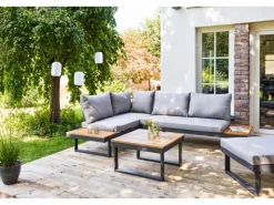 Sonnenliegen|Lounge-Gartenmöbel|Lounge-Set Lipson 3-teilig aus Akazienholz und Aluminium Grau