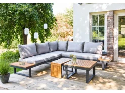 Sonnenliegen|Lounge-Gartenmöbel|Lounge-Set Lipson 3-teilig aus Akazienholz und Aluminium Grau