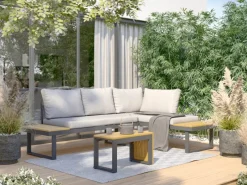 Sonnenliegen|Lounge-Gartenmöbel|Lounge-Set Lipson 3-teilig aus Akazienholz und Aluminium Grau