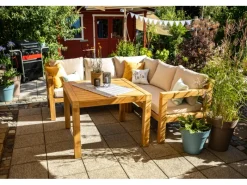 Sitzkissen|Lounge-Gartenmöbel|Lounge-Set mit Esstisch Morenci 4-teilig aus Akazienholz FSC®