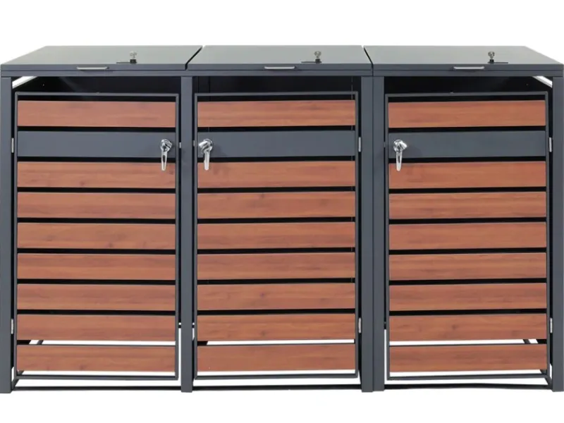 3er Mülltonnenverkleidung J81 Kirsche-Holzoptik Dunkelbraun 117x200x80cm*MCW Sale