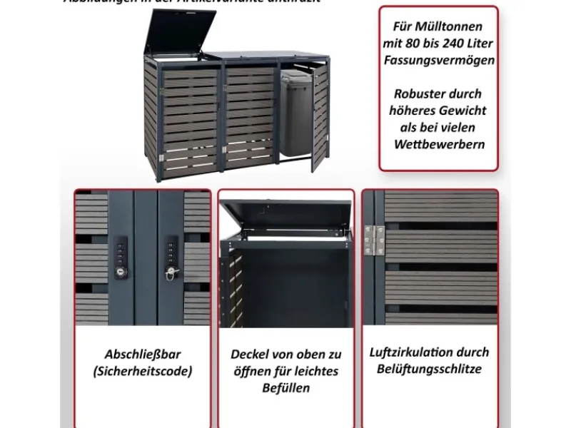 3er-Mülltonnenverkleidung K14 3x120l Teak-Optik 119x205x84cm*MCW Outlet