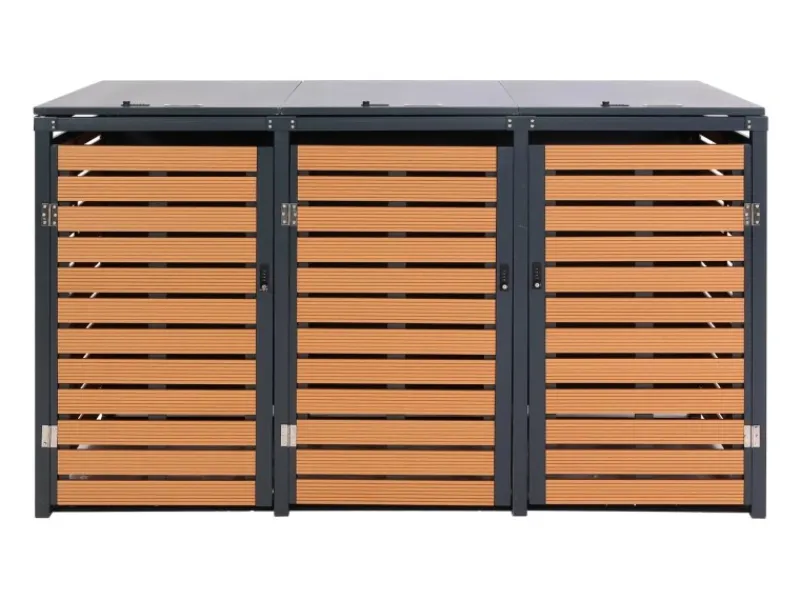 3er-Mülltonnenverkleidung K14 3x120l Teak-Optik 119x205x84cm*MCW Outlet