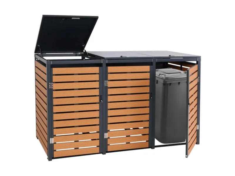 3er-Mülltonnenverkleidung K14 3x120l Teak-Optik 119x205x84cm*MCW Outlet