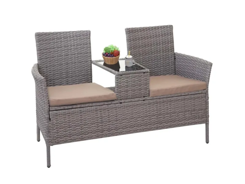 Poly-Rattan Sitzbank mit Tisch E24 Kissen Creme*MCW Online