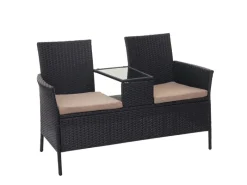 MCW Lounge-Gartenmöbel|Gartenbänke|Poly-Rattan Sitzbank mit Tisch E24 Kissen Creme