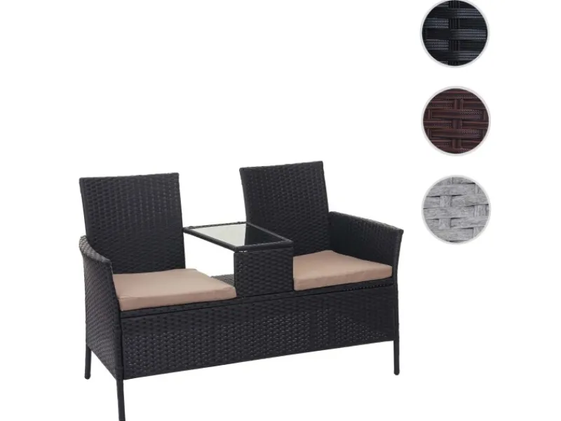 MCW Lounge-Gartenmöbel|Gartenbänke|Poly-Rattan Sitzbank mit Tisch E24 Kissen Creme