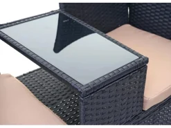 MCW Lounge-Gartenmöbel|Gartenbänke|Poly-Rattan Sitzbank mit Tisch E24 Kissen Creme