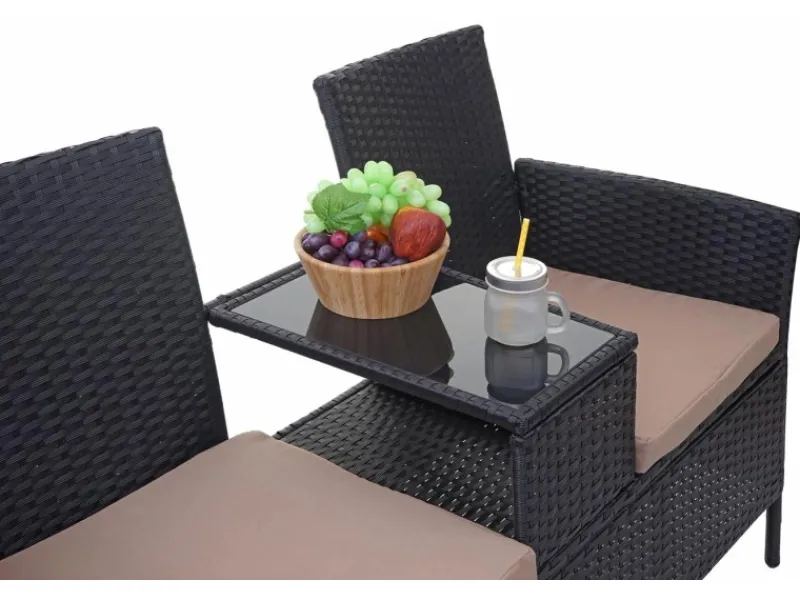 MCW Lounge-Gartenmöbel|Gartenbänke|Poly-Rattan Sitzbank mit Tisch E24 Kissen Creme