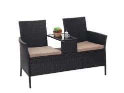 MCW Lounge-Gartenmöbel|Gartenbänke|Poly-Rattan Sitzbank mit Tisch E24 Kissen Creme